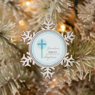 Grandson Baptism Blue Lace Personalised Snowflake Pewter Christmas Ornament