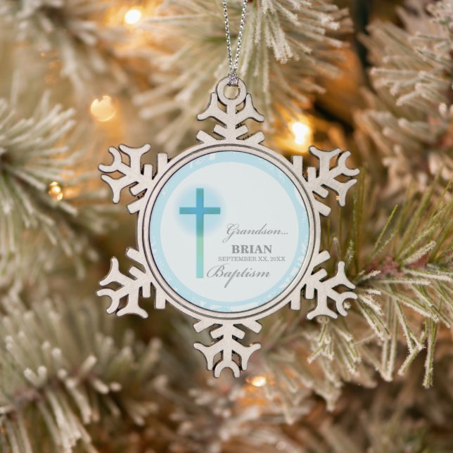 Grandson Baptism Blue Lace Personalised Snowflake Pewter Christmas Ornament (Tree)