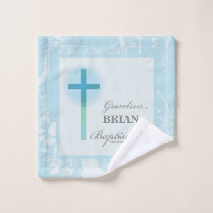 Grandson Baptism Blue Lace Personalised Wash Cloth