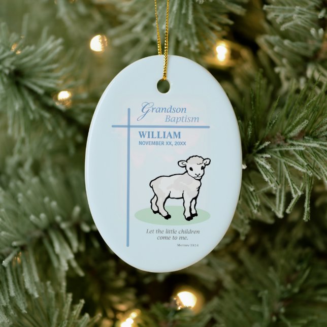 Grandson Baptism Blue Lamb Personalised Ceramic Tree Decoration (Tree)