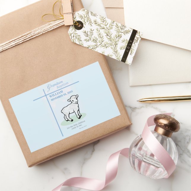 Grandson Baptism Blue Lamb Personalised Rectangular Sticker (Gifting)