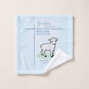 Grandson Baptism Blue Lamb Personalised Wash Cloth