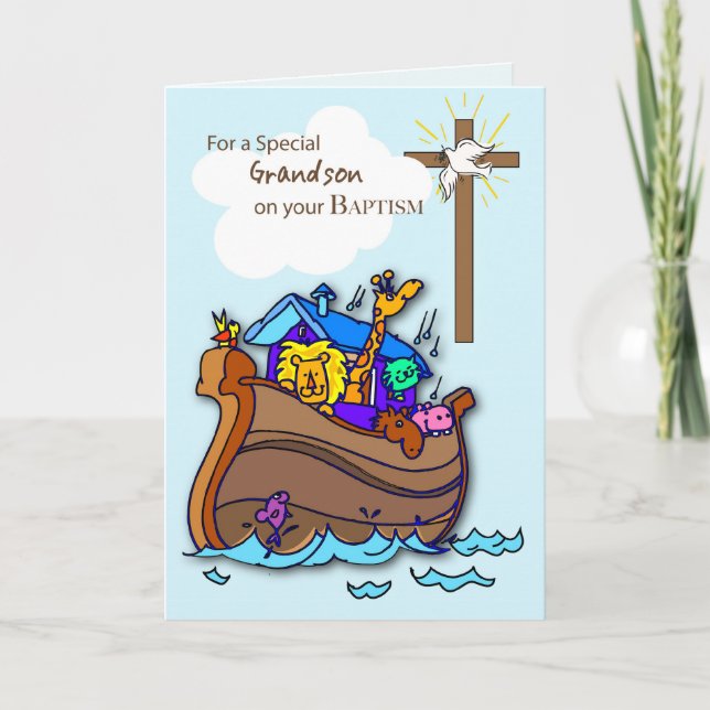 Grandson Baptism Card with Noah's Ark, Blue (Front)