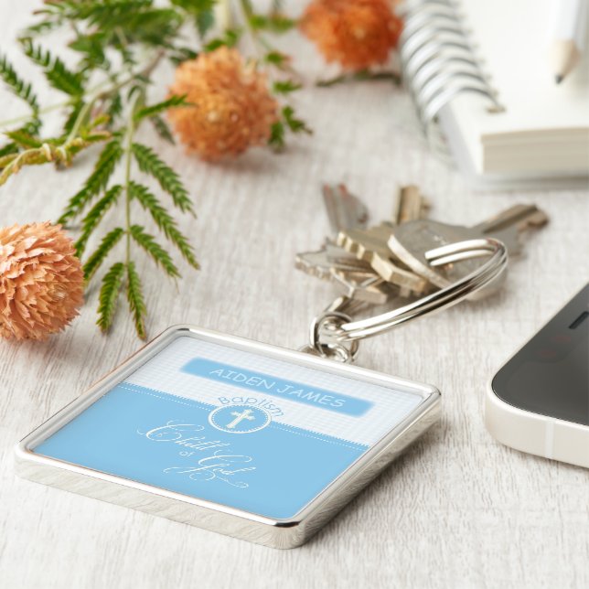 Grandson Baptism Congratulations Blue Child of God Key Ring (Side)