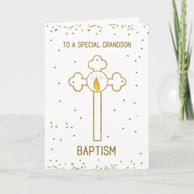 Grandson Baptism Gold Cross Card (Front)