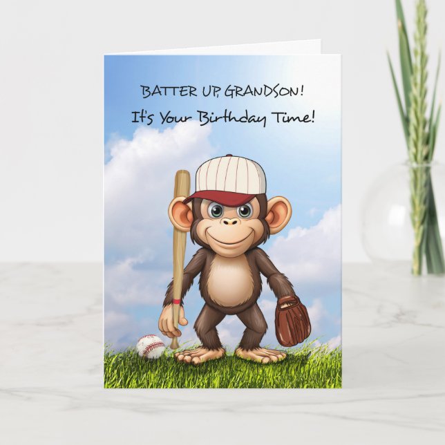 Grandson Baseball Birthday Monkey Bat Ball Glove Card (Front)