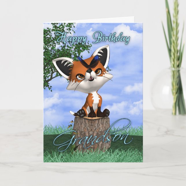 Grandson Birthday Card With Cute Fox And Butterfly (Front)