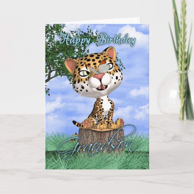 Grandson Birthday Card With Cute Jaguar And Butter (Front)