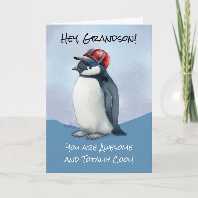 Grandson Birthday Cool Awesome Penguin Baseball Card (Front)