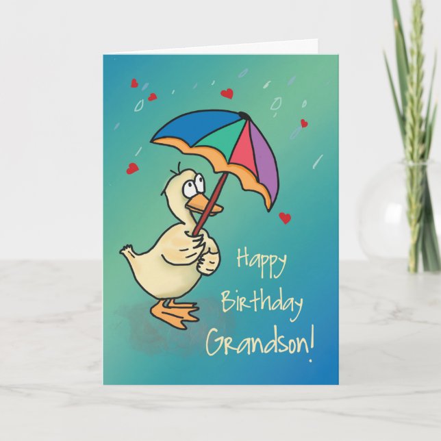 Grandson Birthday Duck with Umbrella in Rain Card (Front)