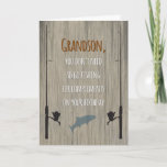 Grandson Birthday, Fishing for Compliments Card<br><div class="desc">Birthday card for any big who loves to fish. Front features rod and reel silhouettes along with a jumping fish on a wood grain background with a distressed effect. Clever fishing puns on front and inside are sure to bring a smile.</div>