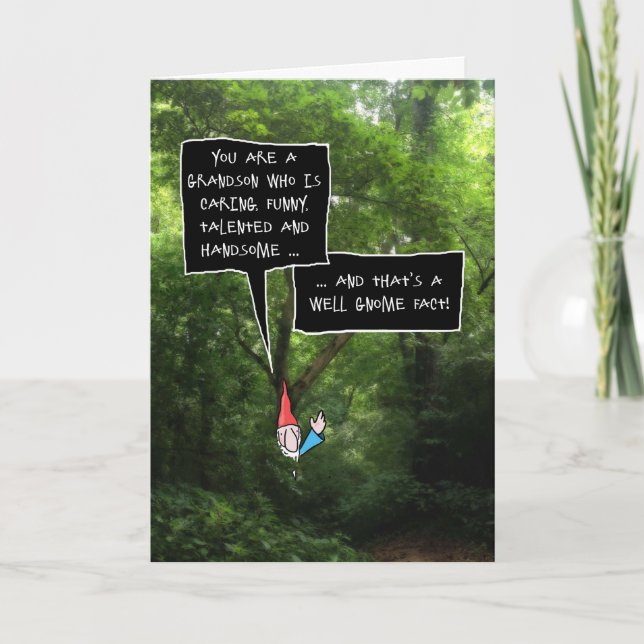 Grandson Birthday, Humourous Gnome in Forest Card (Front)