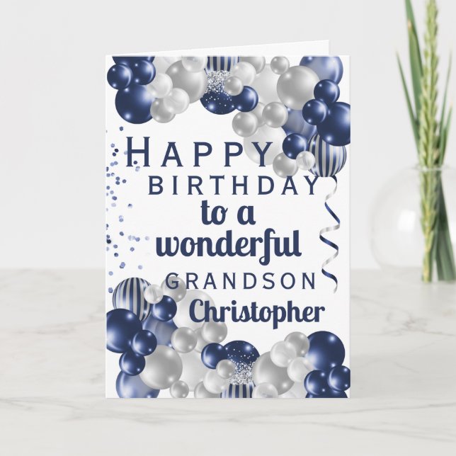 Grandson Birthday Navy Balloon Card (Front)