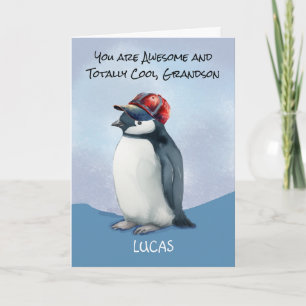 Grandson Birthday Penguin in Baseball Hat Card