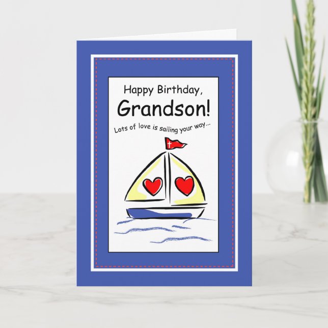 Grandson Birthday, Sail boat, Christian Card (Front)