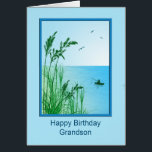 grandson Birthday Sea Fishing<br><div class="desc">A lovely sea fishing scene. A wonderful birthday card for a grandson who loves fishing,  or just loves the sea. Tall grasses frame a view of a calm ocean with a small boat and a man fishing. The inside verse has the fisherman's good luck wish 'tight lines'.</div>