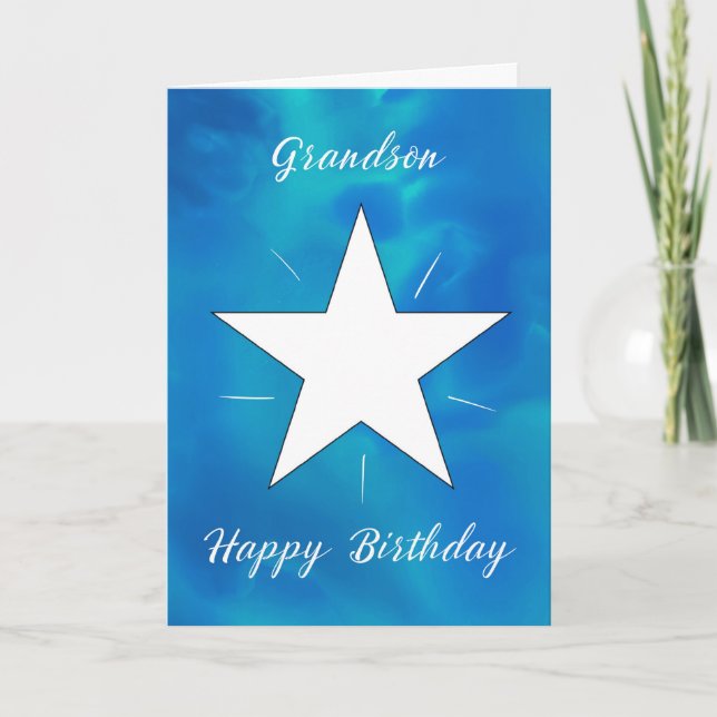 Grandson Birthday Star Blue Green Watercolor Card (Front)