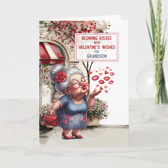 Grandson Blowing Kisses Valentine's Wishes  Holiday Card (Front)