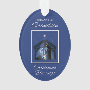 Grandson Christmas Blessings Manger on Blue Ornament