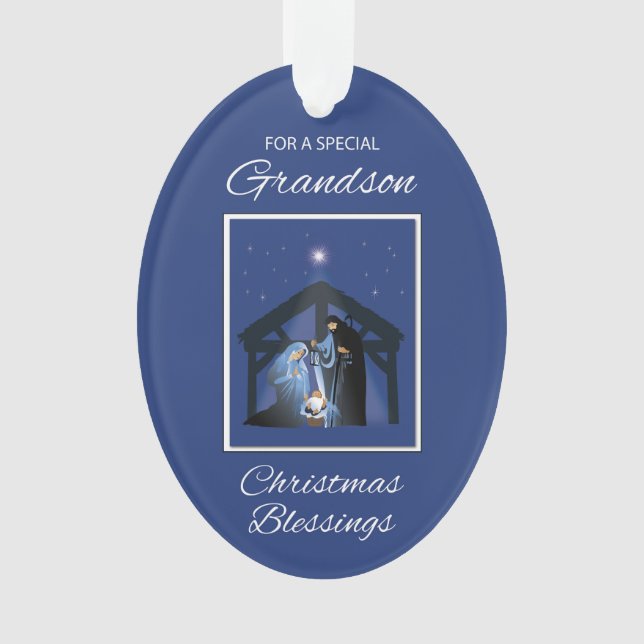 Grandson Christmas Blessings Manger on Blue Ornament (Front)