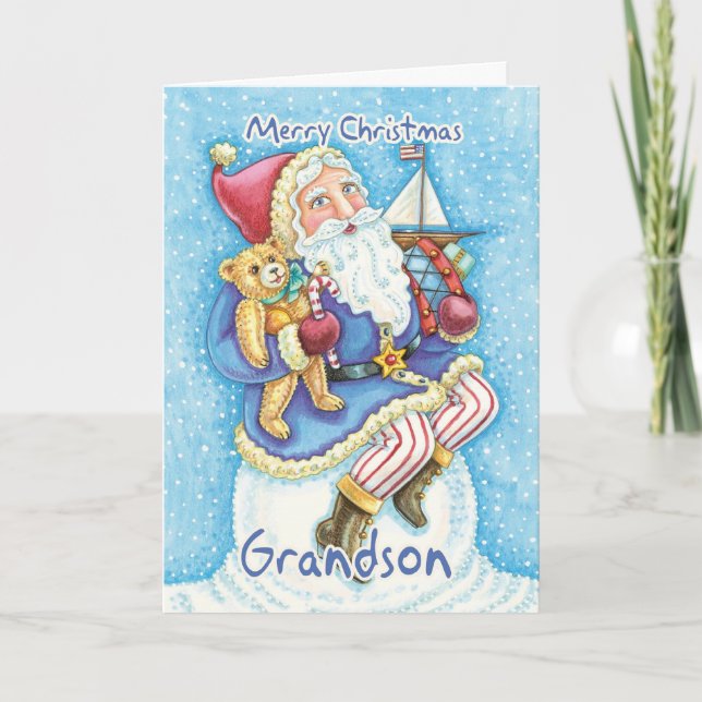 Grandson Christmas Card With Cute Santa And Toys (Front)