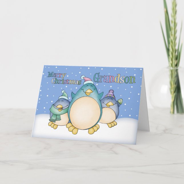 Grandson Christmas Card With Penguins (Front)