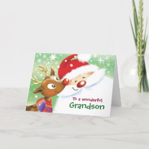 Grandson, Christmas, Cute Reindeer & Santa Card