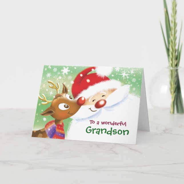Grandson, Christmas, Cute Reindeer & Santa Card (Front)