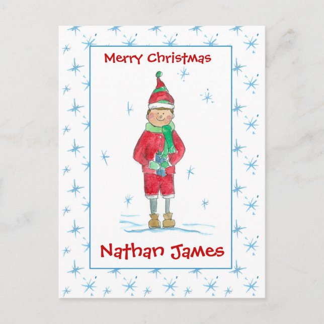 Grandson Christmas Elf Snowflakes Custom Namea Holiday Postcard (Front)