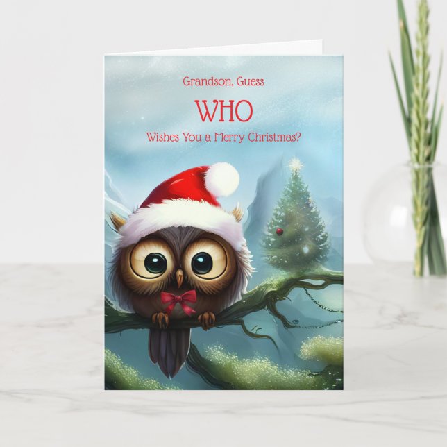 Grandson Christmas Holiday with Cute Owl and Xmas  Card (Front)