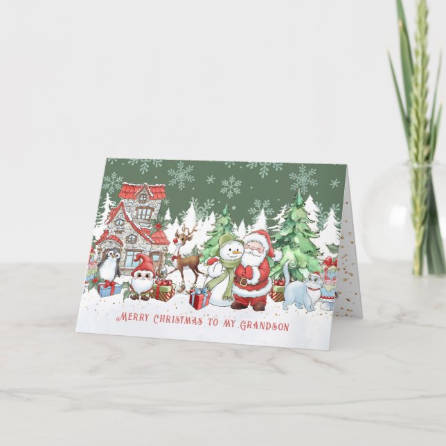 Grandson Christmas Santa Snowman Rudolph Card (Front)