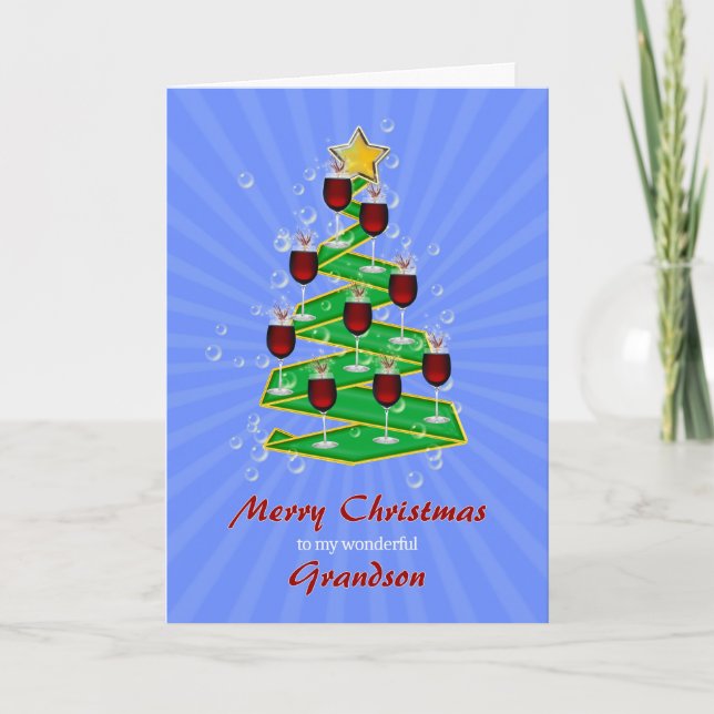 Grandson, Christmas Tree with Wine Holiday Card (Front)
