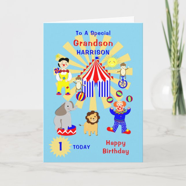 Grandson Circus Clown Fun Happy Birthday Card (Front)