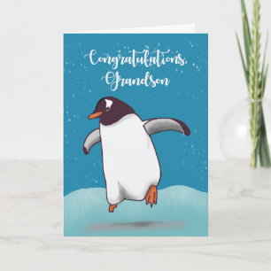 Grandson Congratulations Penguin Jumping For Joy Card