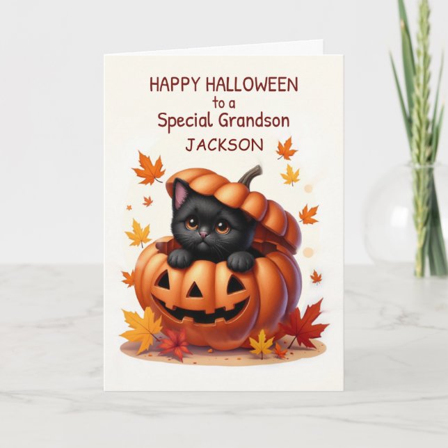 Grandson Custom Name Halloween Cute Black Cat Card (Front)