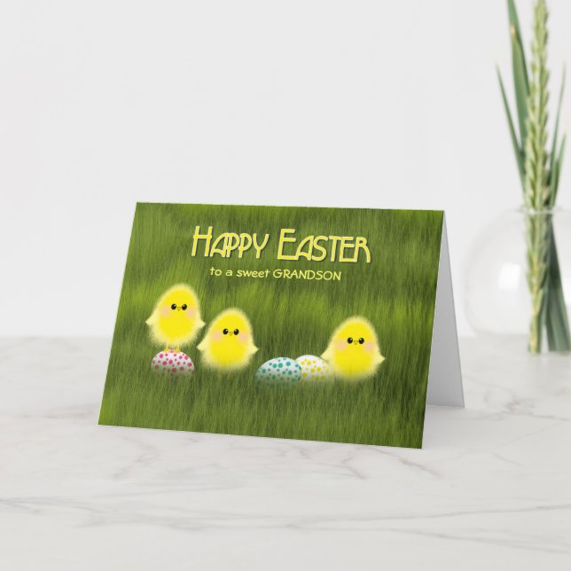 Grandson Cute Easter Chicks Speckled Eggs in Grass Holiday Card (Front)