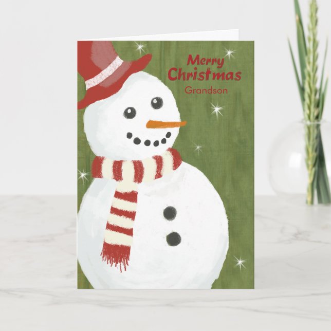 Grandson Cute Snowman in Red Hat and Scarf Holiday Card (Front)