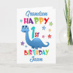 Grandson Dinosaur 1st Birthday Card<br><div class="desc">A special 1st birthday card for your grandson! This bright fun first birthday card features a blue dinosaur, some pretty stars and colourful text. A cute design for someone who will be one year old. Add the 1st birthday child's name to the front of the card to customise it for...</div>