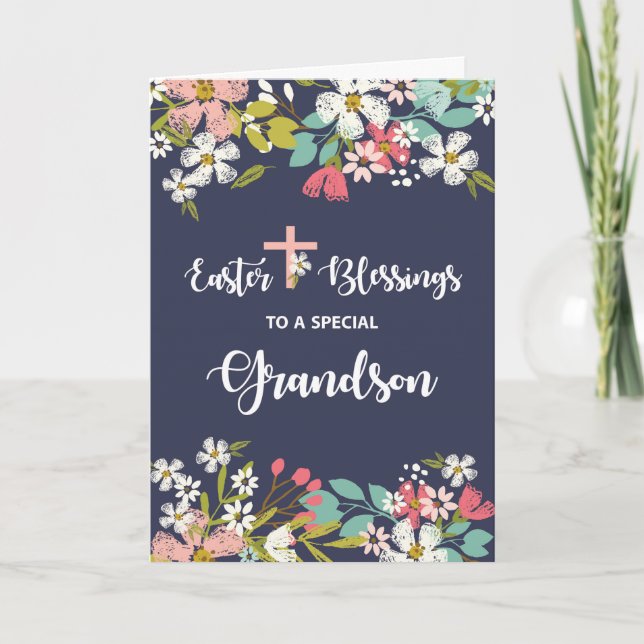 Grandson Easter Blessings of Risen Christ Flowers Card (Front)