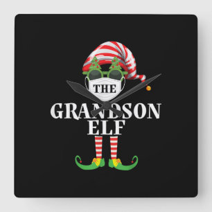 Grandson Elf Matching Christmas Square Wall Clock