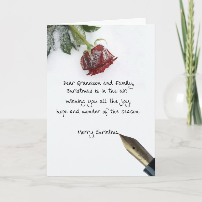 grandson & family christmas letter on snow rose holiday card (Front)