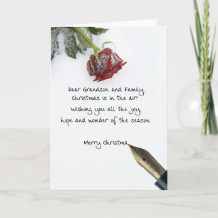 grandson & family christmas letter on snow rose holiday card