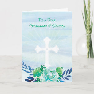 Grandson & Family Teal Blue Flowers + Cross Easter Holiday Card