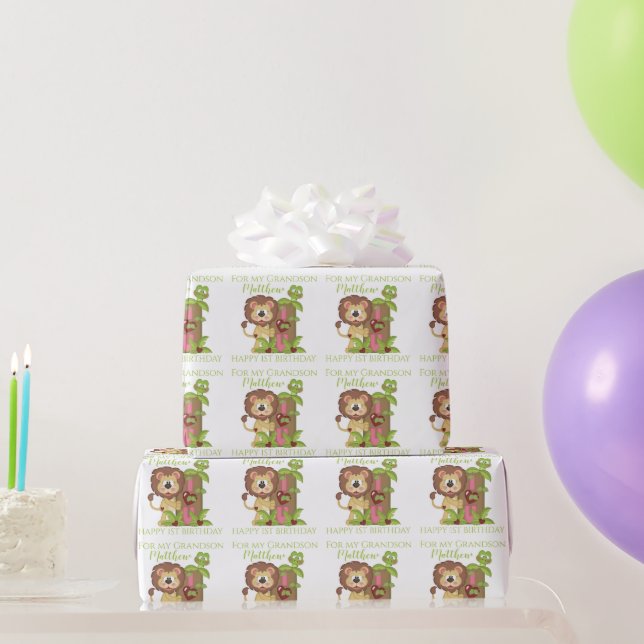 Grandson First Birthday Cute Lion Wrapping Paper (Party Gifts)