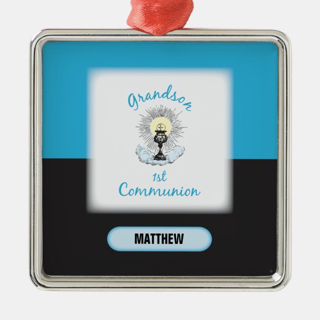 Grandson First Communion, Blue Cup Metal Tree Decoration (Front)