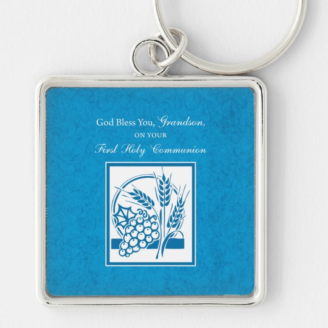 Grandson First Communion Blue, Wheat, Grapes Key Ring (Front)