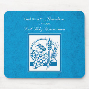 Grandson First Communion Blue, Wheat, Grapes Mouse Mat