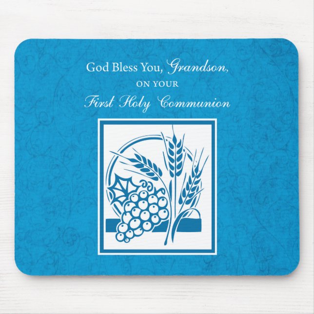 Grandson First Communion Blue, Wheat, Grapes Mouse Mat (Front)