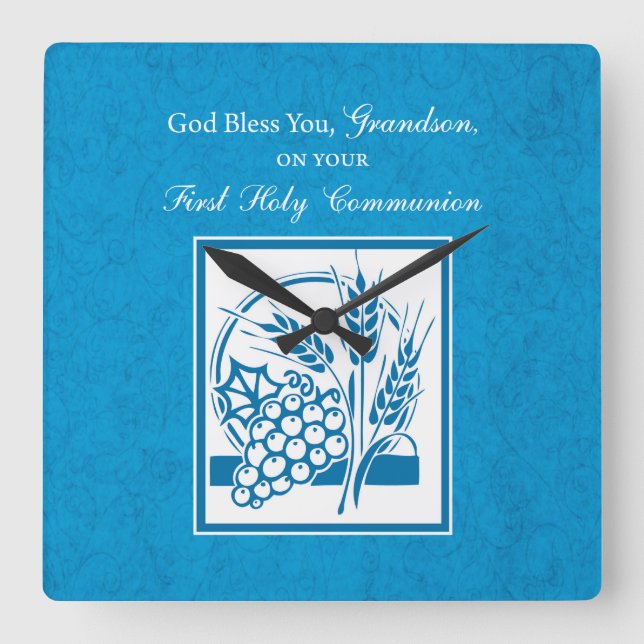 Grandson First Communion Blue, Wheat, Grapes Square Wall Clock (Front)