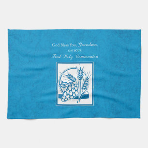 Grandson First Communion Blue, Wheat, Grapes Tea Towel